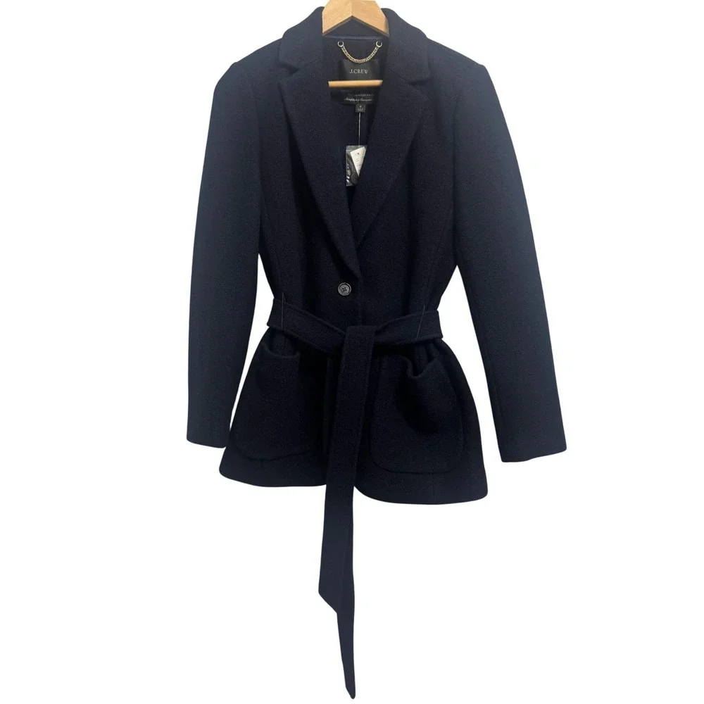 J.Crew Italian Boiled Wool Blazer Coat Womens 4 Navy New  Belted Jacket